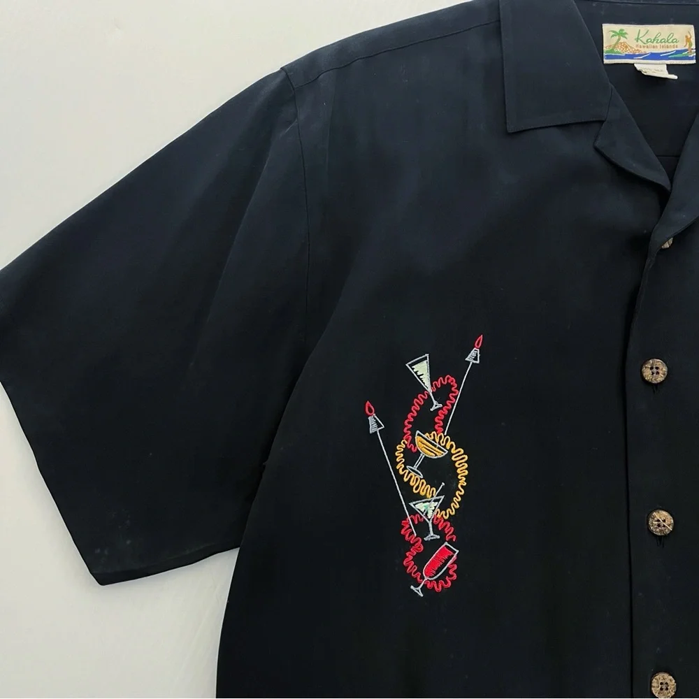 Kahala Hawaiian Islands Black Aloha Lounge Silk Button Down Shirt Top